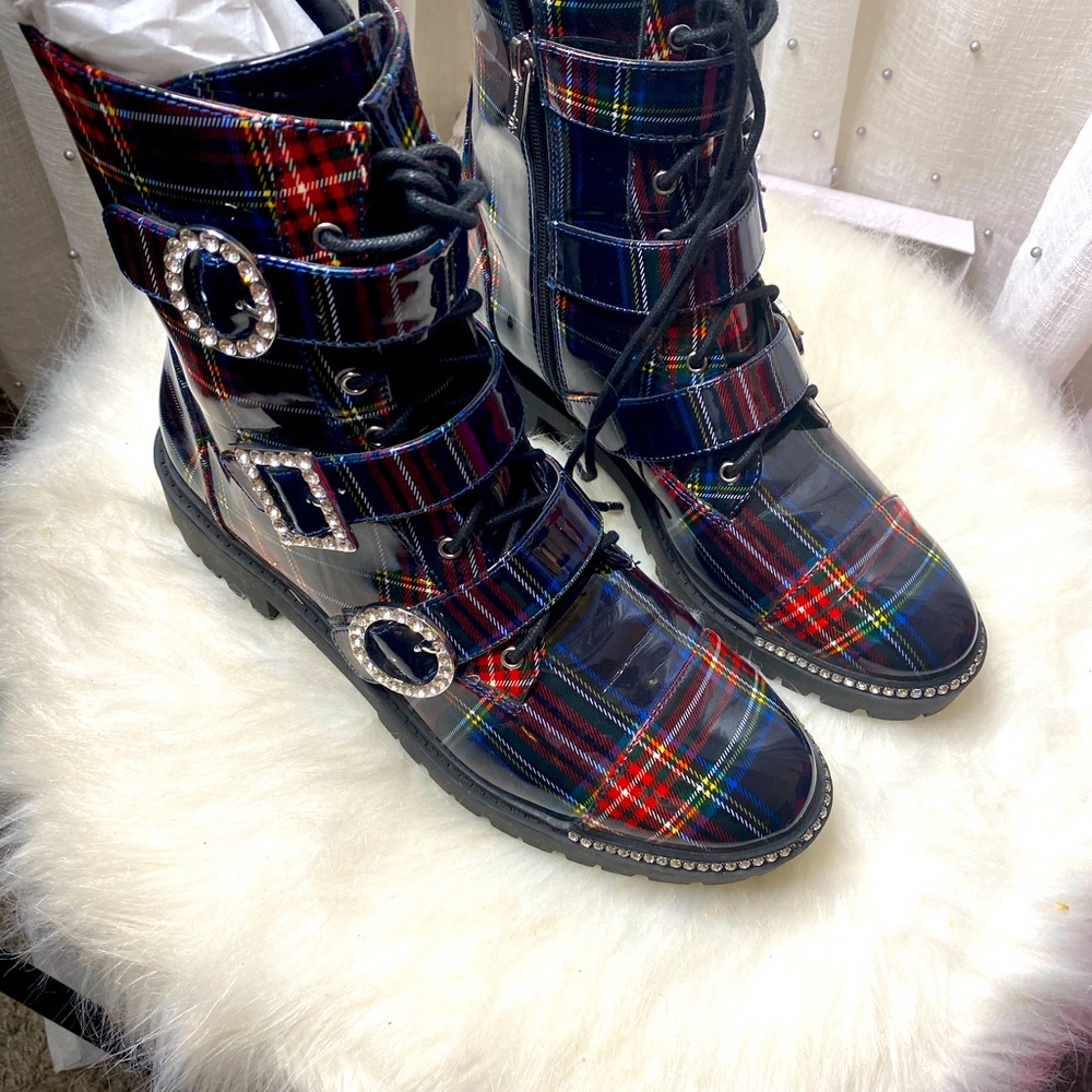 Jessica Simpson blue academy plaid combat boots